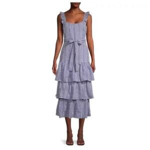 Likely Charlotte Navy Blue Gingham Tiered Tie Waist Ruffle Midi Dress Size 2